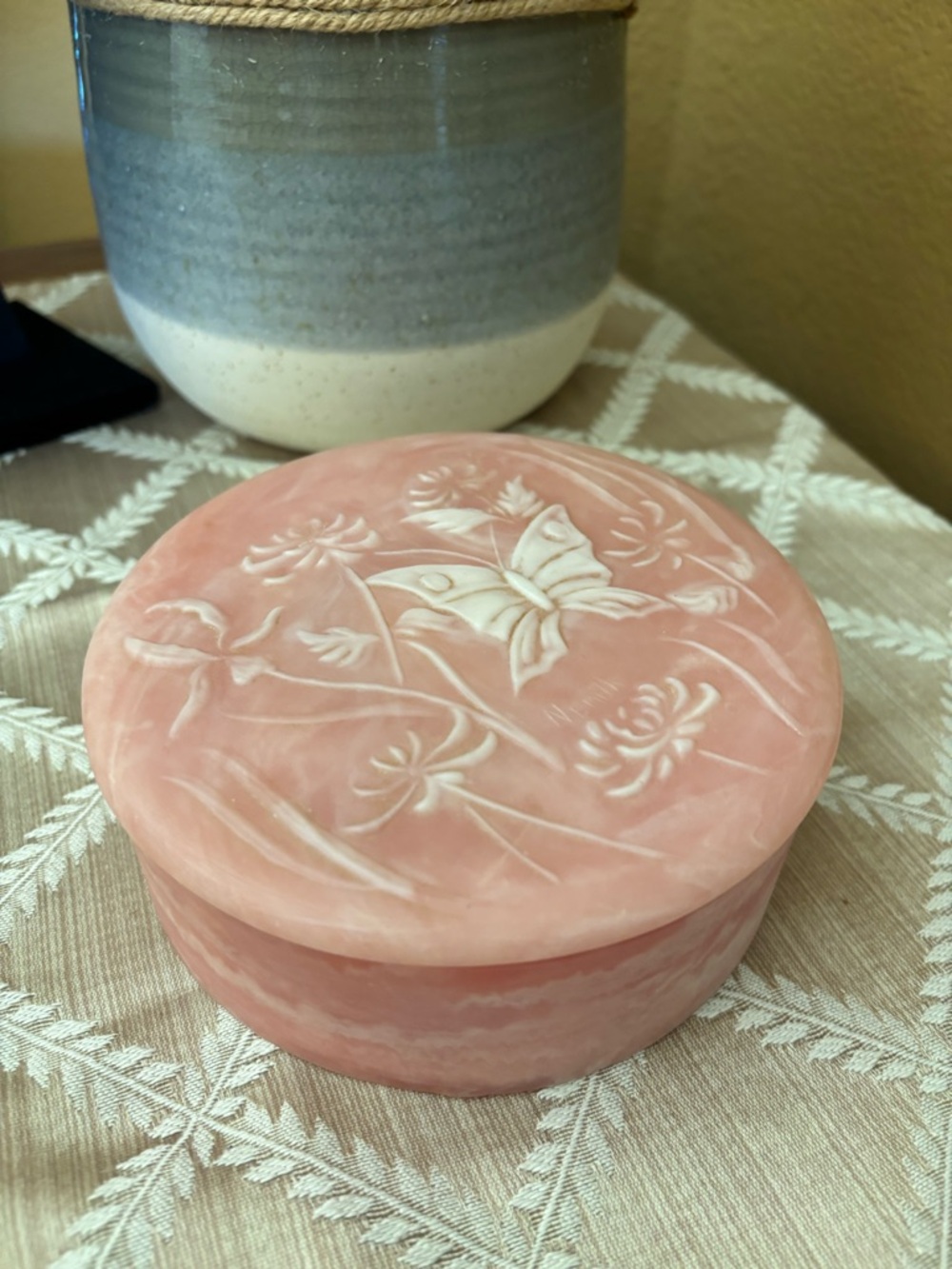 Vintage Pink Butterfly Jewelry Box Trinket Dish w/Lid Incolay Stone Round Flower - Picture 10 of 10